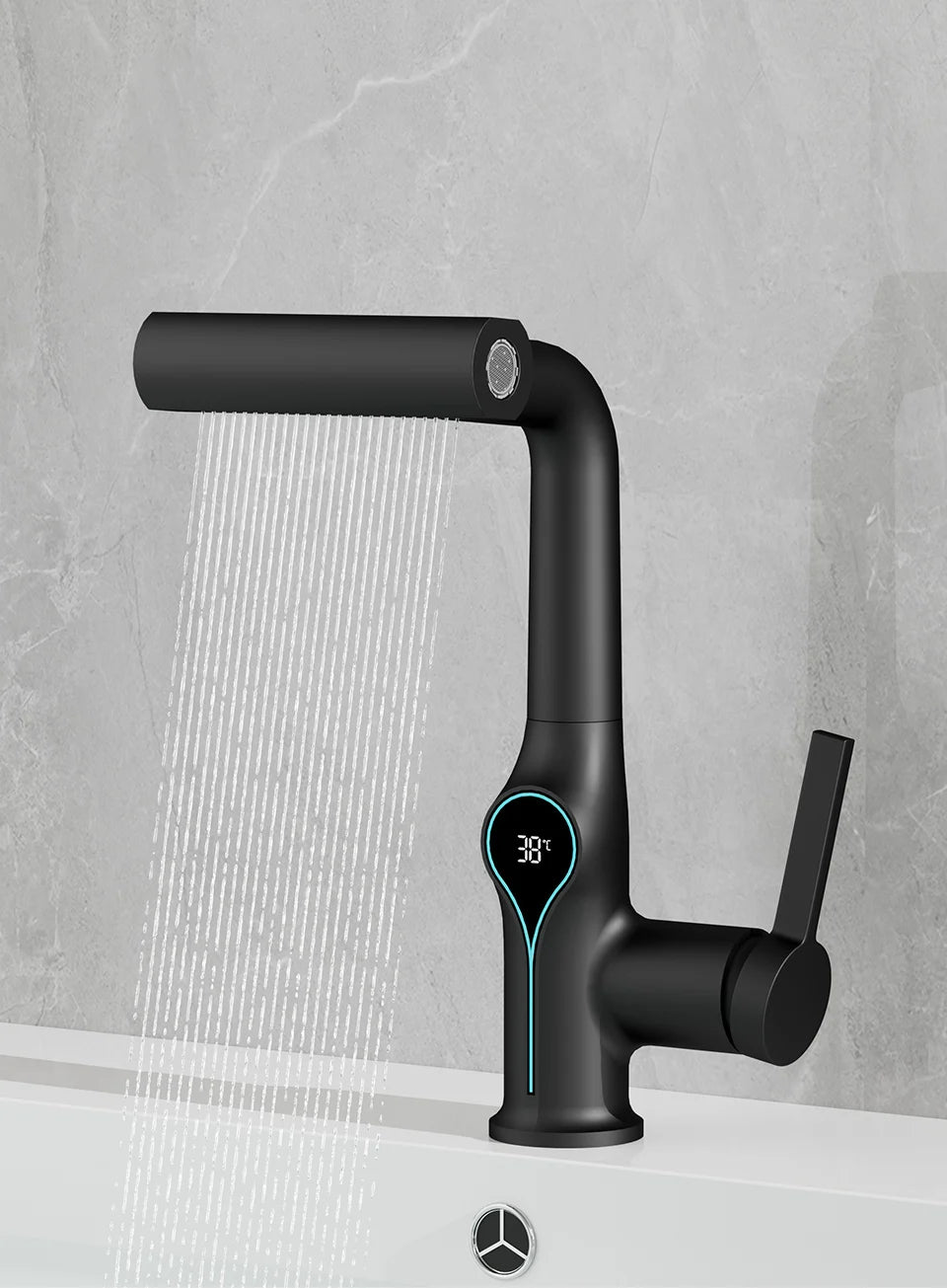 Black ceramic basin faucet with waterfall spout, digital temperature display, lift-up stream sprayer, hot and cold water control.