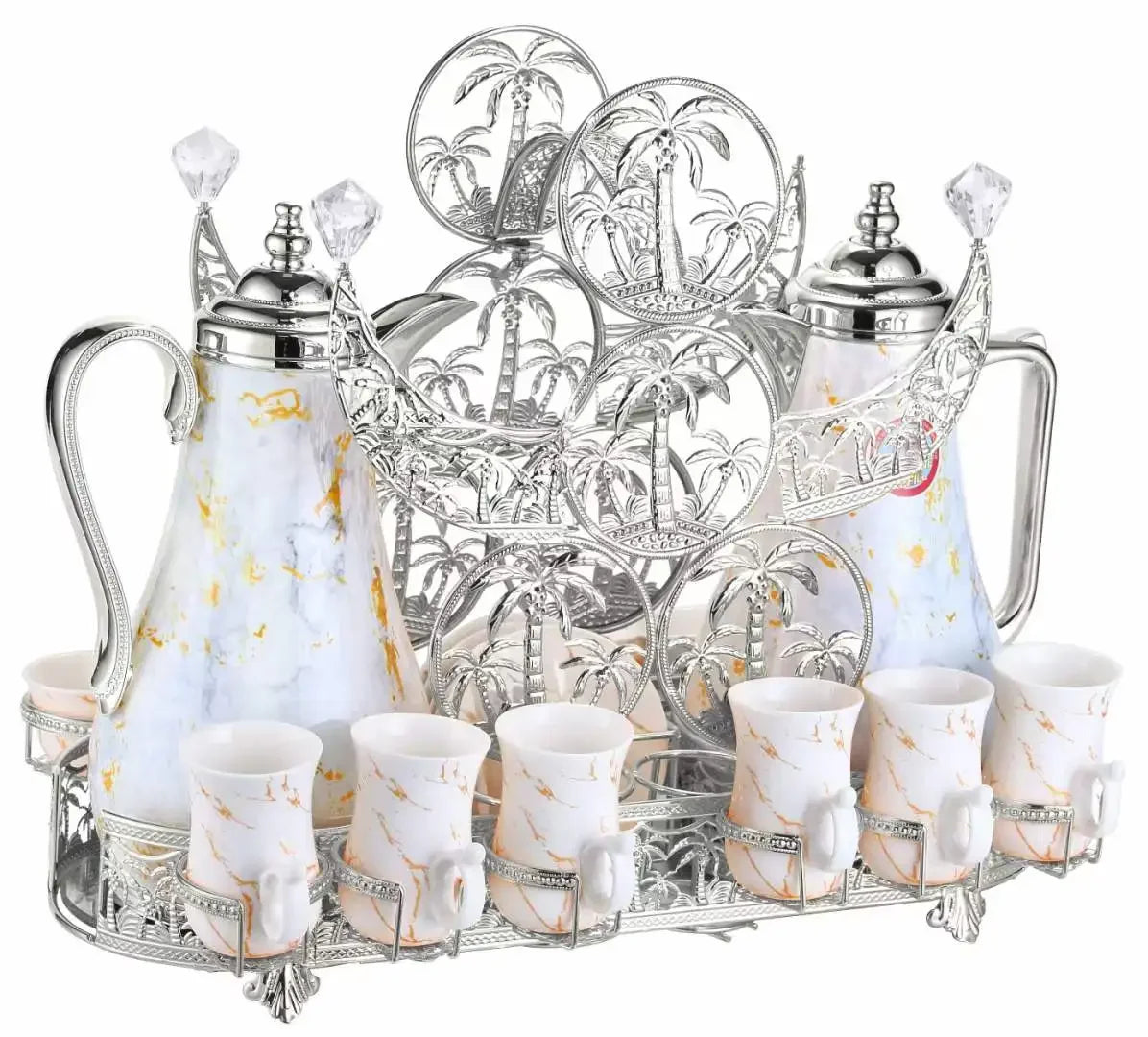 Black Diamond Arabic ceramic tea set with golden accents, featuring teapot, cups, and tray, by MC The Black Diamond.