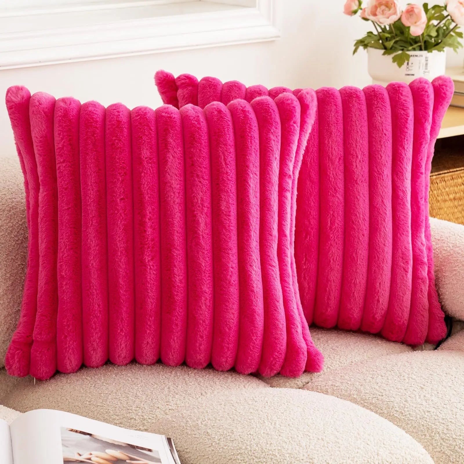 Soft faux rabbit fur square cushion cover by MC THE BLACK DIAMOND, 24x24 inch thick striped solid color pillow for sofa decor