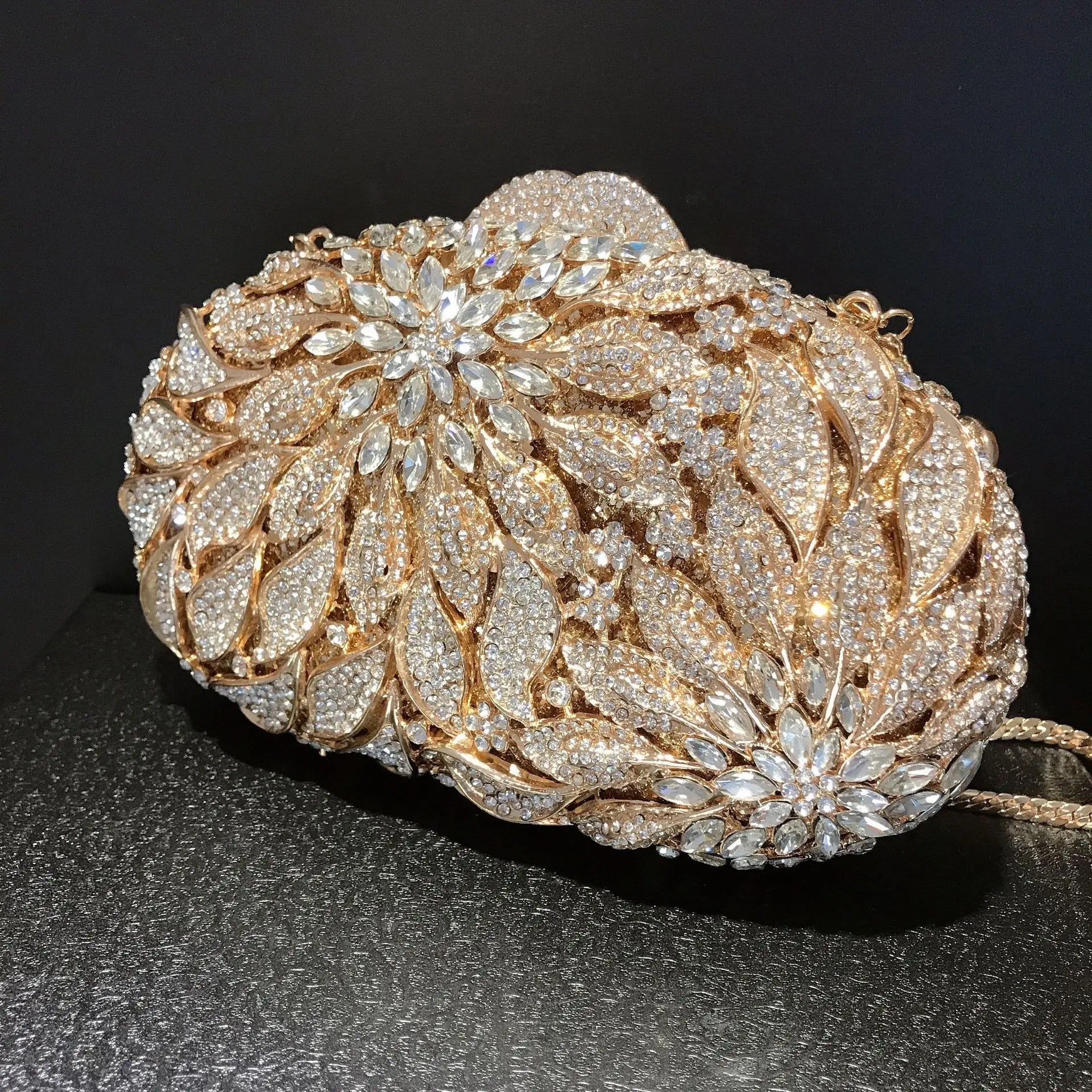 Gold metal leaves with white crystal accents evening clutch bag by MC THE BLACK DIAMOND, luxury women’s wedding party mini ball handbag