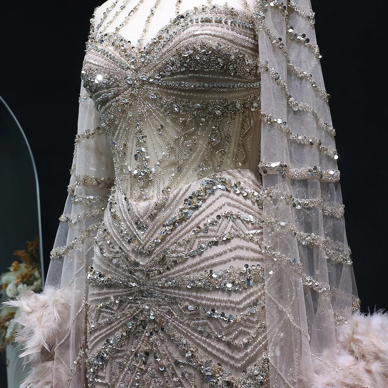 MC THE BLACK DIAMOND luxury caramel beaded mermaid evening dress with feather cape sleeves for formal weddings and parties.