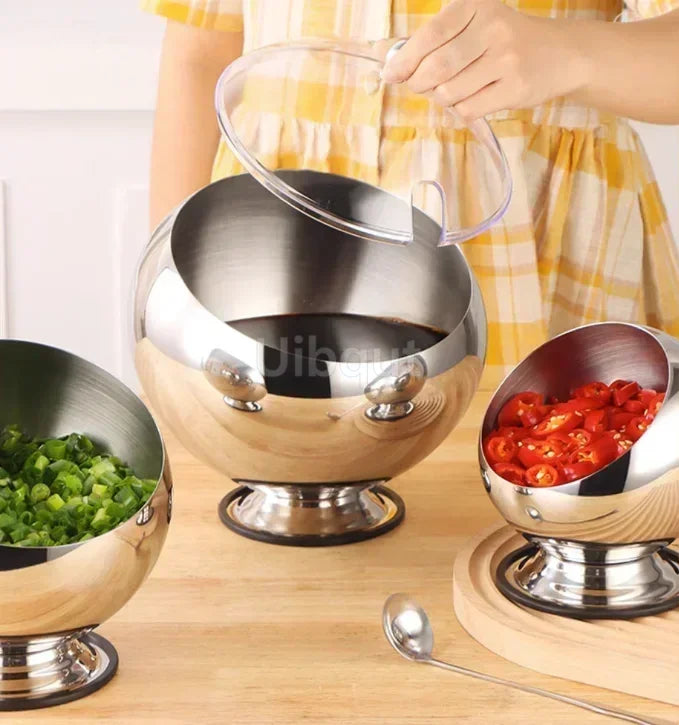 Stainless steel oblique-mouthed sauce bowl with lid, ideal for hot pots, salads, and seasoning in kitchen use by 𝕄𝕔 𝕋𝕙𝕖 𝔹𝕝𝕒𝕔𝕜