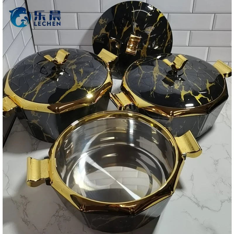 Set of three MC The Black Diamonds food warmers and insulated casserole containers in 2, 2.5, and 3L sizes for hotpot and party meals.