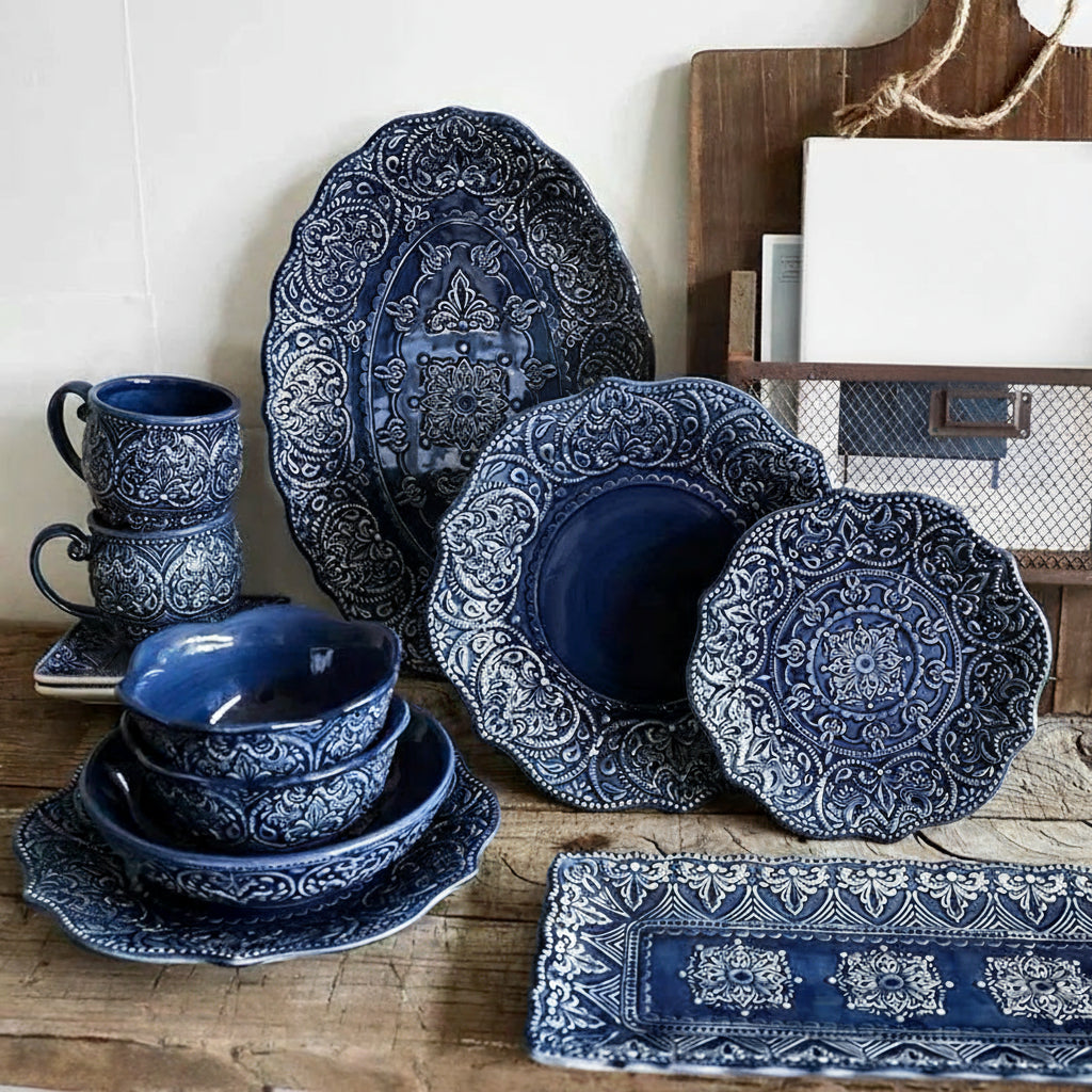 Blue retro relief ceramic kitchen dishes set with intricate patterns from 𝕄𝕔 𝕋𝕙𝕖 𝔹𝕝𝕒𝕔𝕜 𝔻𝕚𝕒𝕞𝕠
