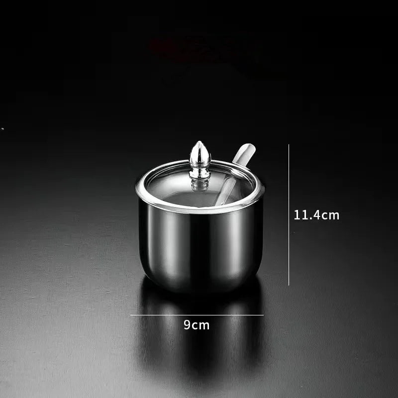 Gold MC THE BLACK DIAMOND seasoning box with glass cap, spoon, and spice jar for salt, soy sauce, and flavoring storage.