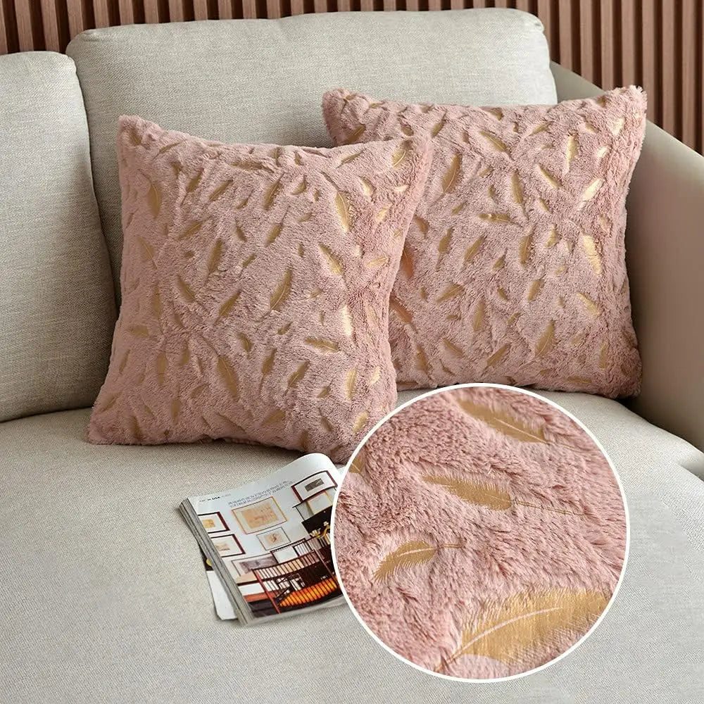 Gold feather velvet pillow cover for sofa or car, decorative Nordic cushion, 45x45 cm, plush Christmas throw pillow.