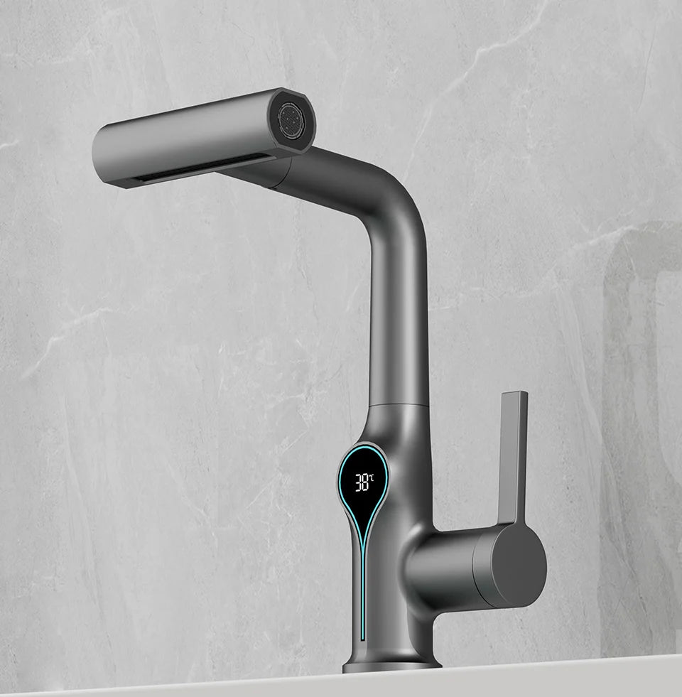 Waterfall bathroom basin faucet with digital temperature display, lift-up/down stream sprayer, hot and cold water by 𝕄𝕔 𝕋𝕙𝕖 𝔹𝕝𝕒𝕔𝕜 𝔻�