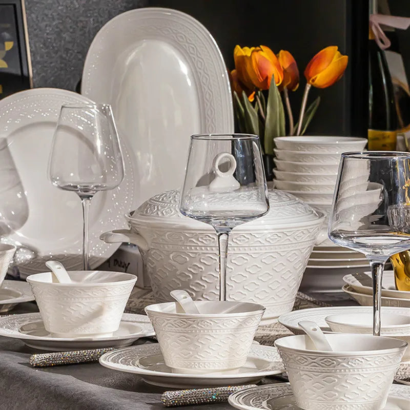 Luxury white Nordic relief ceramic dinnerware set featuring salad bowls, soup bowls, flat plates, and serving tray from 𝕄𝕔 𝕋𝕙𝕖 𝔹𝕝𝕒𝕔𝕜 𝔻�