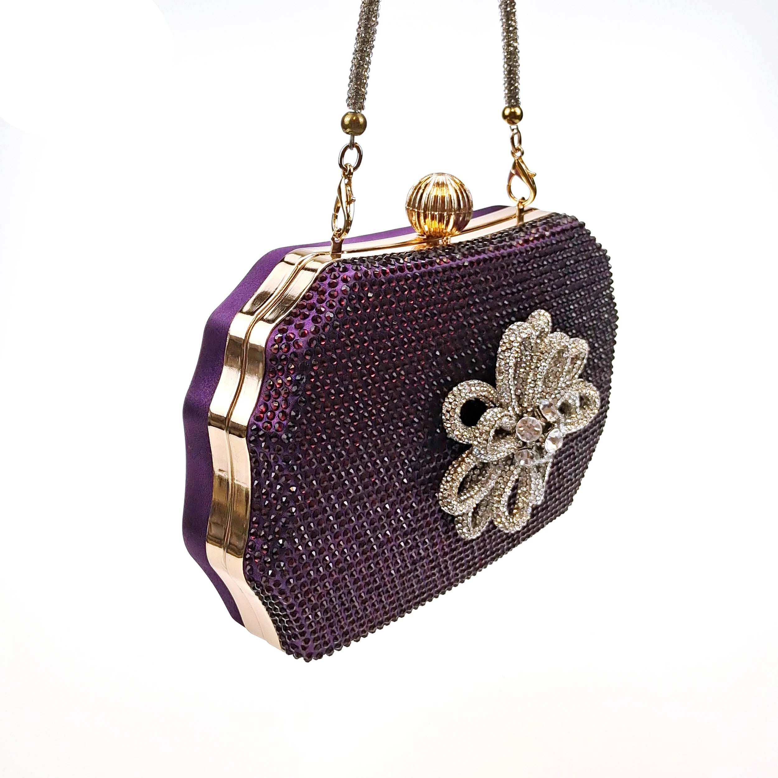 MC THE BLACK DIAMOND women's party heels and bags set with pointed toe high heels, purple rhinestones, and full upper design.