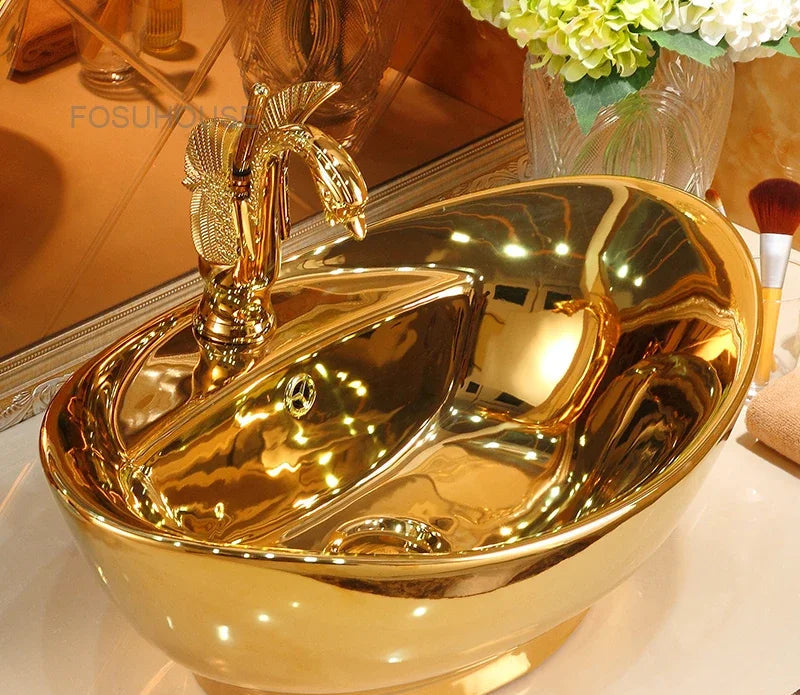 Modern gold ceramic bathroom sink with European-style wash basin, hand basin, and artistic design by MC THE BLACK DIAMOND