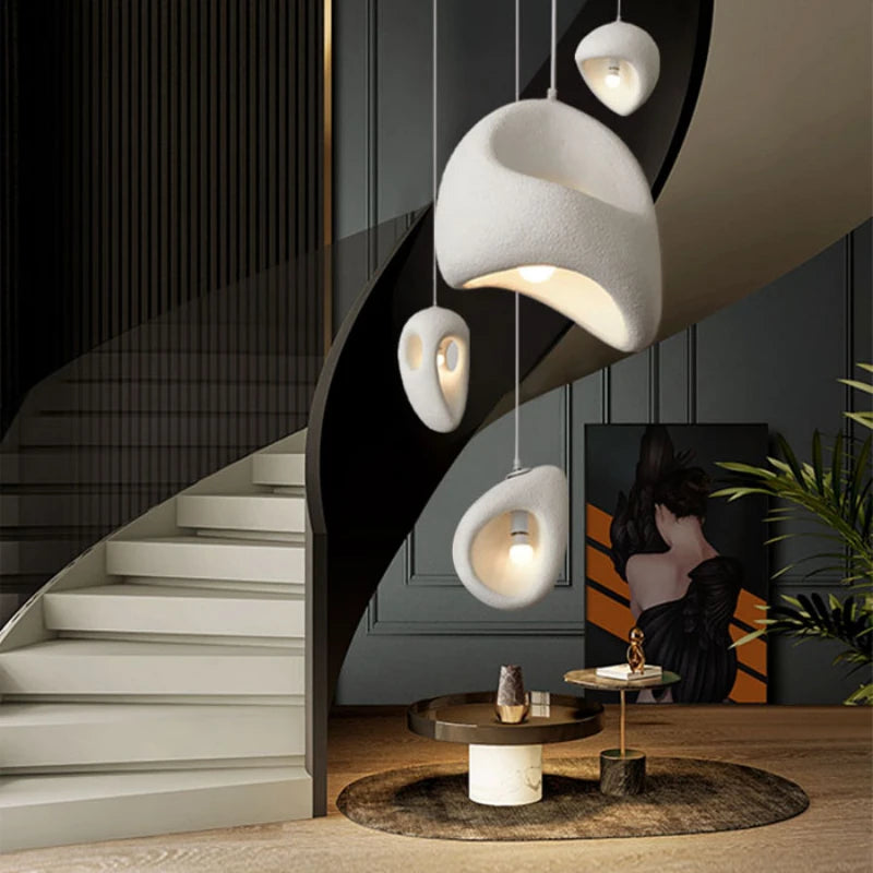 Nordic Villa Stairs Wabi Sabi E27 LED pendant light by MC THE BLACK DIAMOND, showcasing its minimalist design and warm glow.