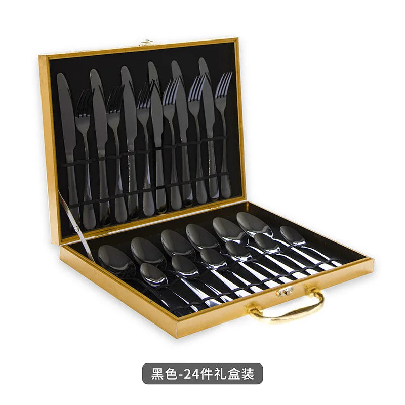 Set of 24 stainless steel kitchen cutlery including knives, forks, and spoons from 𝕄𝕔 𝕋𝕙𝕖 𝔹𝕝𝕒𝕔𝕜 𝔻𝕚�