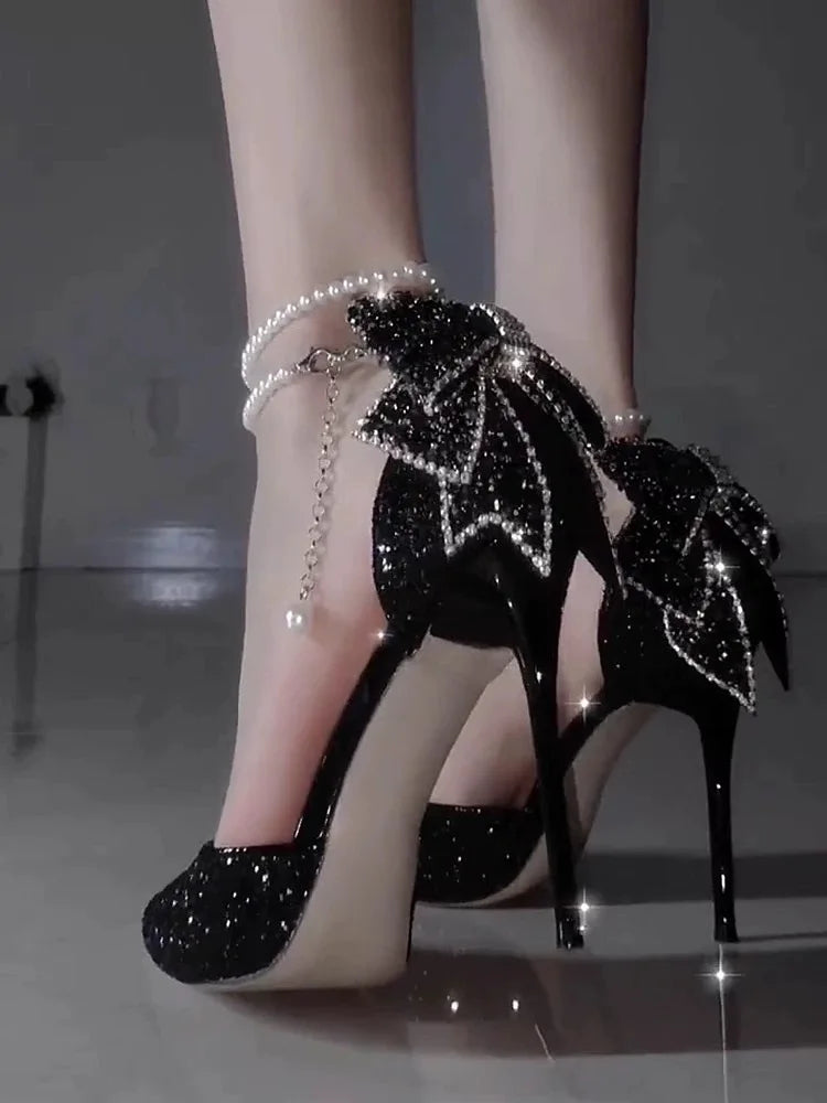 Elegant French pointy high heels by Mohammad Collection with sequin bow, pearl line, and shallow mouth design for women.