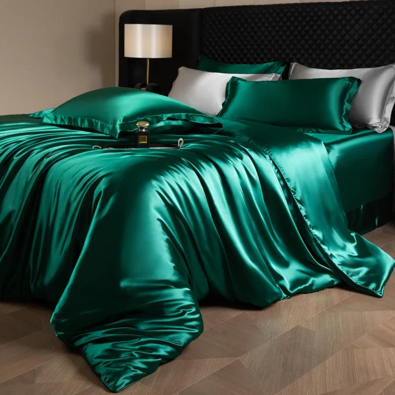 Luxury MC The Black Diamonds satin duvet cover set in solid colors, showing a soft, silky bedsheet with elegant folds.