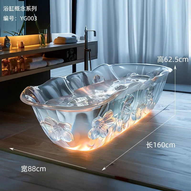 Transparent freestanding bathtub by MC THE BLACK DIAMOND featuring crystal-like resin design and corrugated surface for modern elegance.