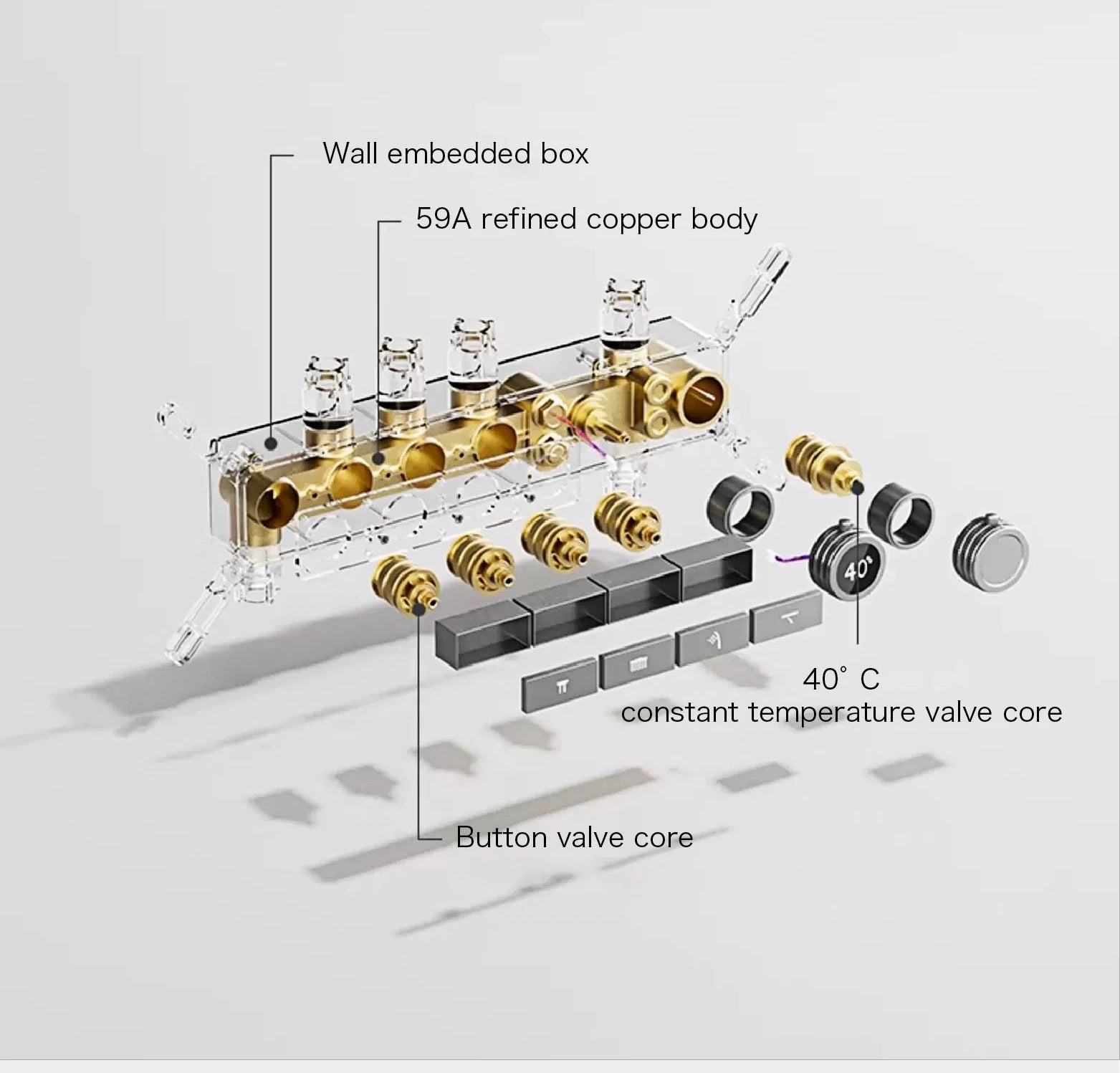 Luxury gray brass shower system with ceiling design, hidden LED digital display, dual hot and cold controls, bath fixture by MC The Black Diamonds