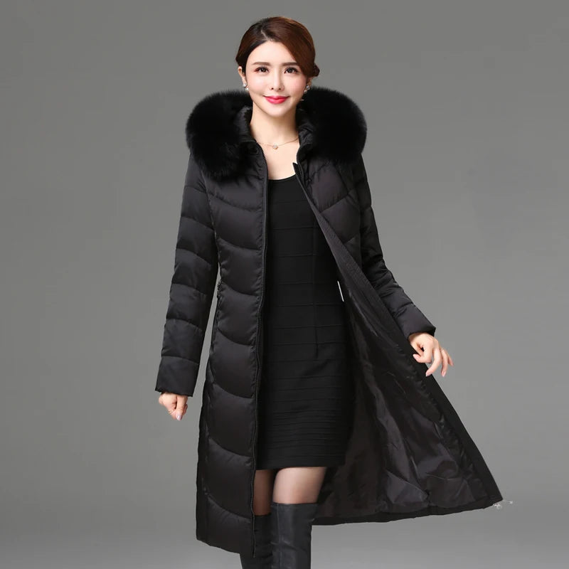 Shengyu Boya women's knee-length down jacket with fur collar, slim fit, thickened outwear for middle-aged and elderly women.