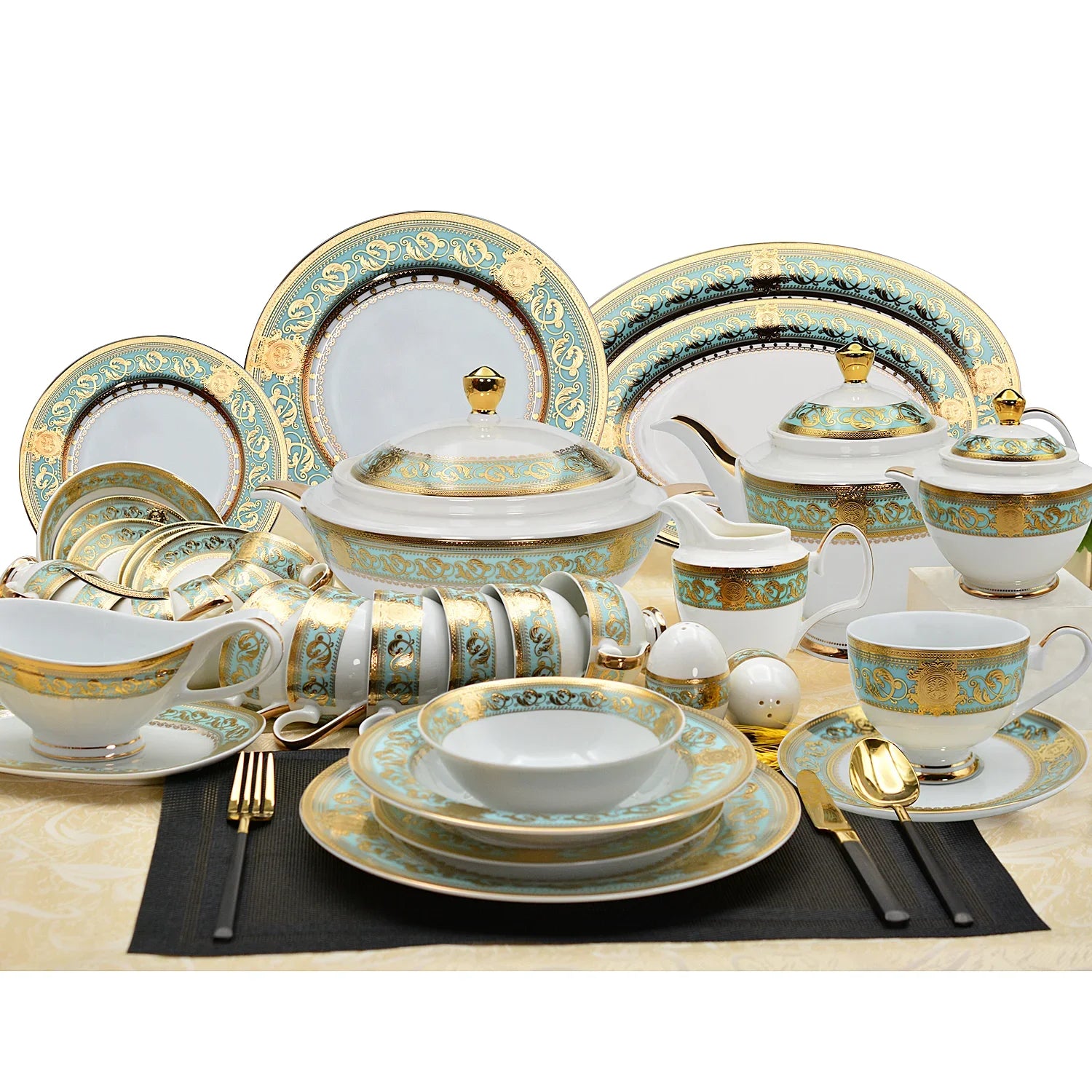 Elegant gold-embossed porcelain dinnerware set by MC THE BLACK DIAMOND, luxury bone china tableware for sophisticated dining.