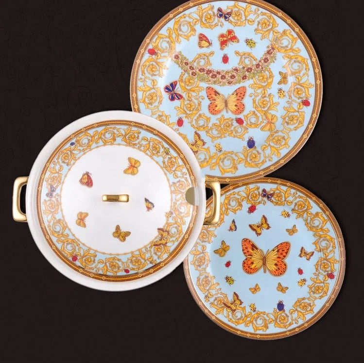 European-style luxury Bone China tableware set with gold butterfly design, featuring 58 pieces from 𝕄𝕔 𝕋𝕙𝕖 𝔹𝕝𝕒𝕔𝕜 𝔻𝕚�