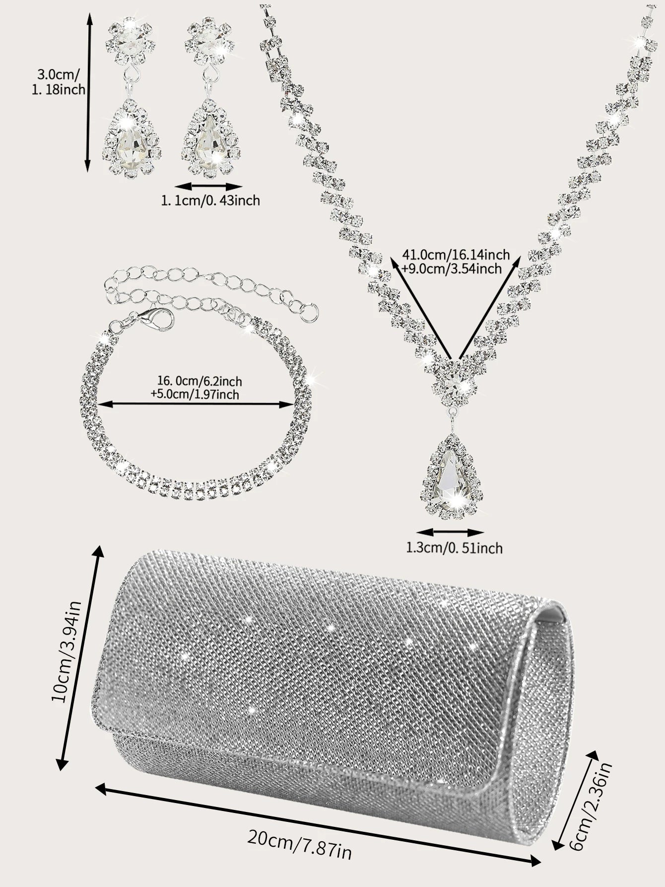 Elegant MC THE BLACK DIAMOND sparkly clutch bag with rhinestone jewelry set including necklace, earrings, and bracelet.