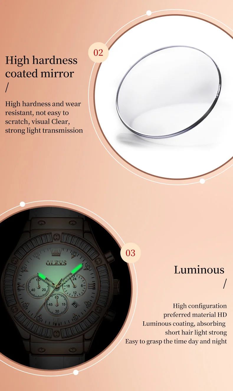 Elegant women's leather strap watch by Mohammad Collection with diamond bezel, waterproof quartz chronograph, and stylish design.