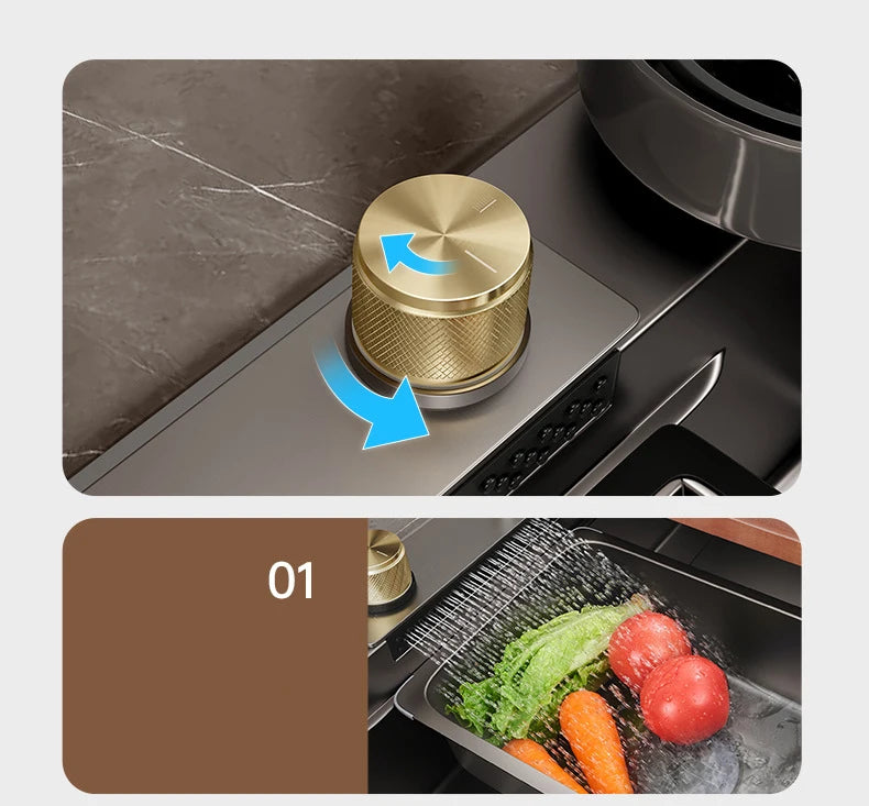 Black Nano kitchen sink waterfall faucet with soap dispenser and cup washer, made of 304 stainless steel, featuring a large single bowl.