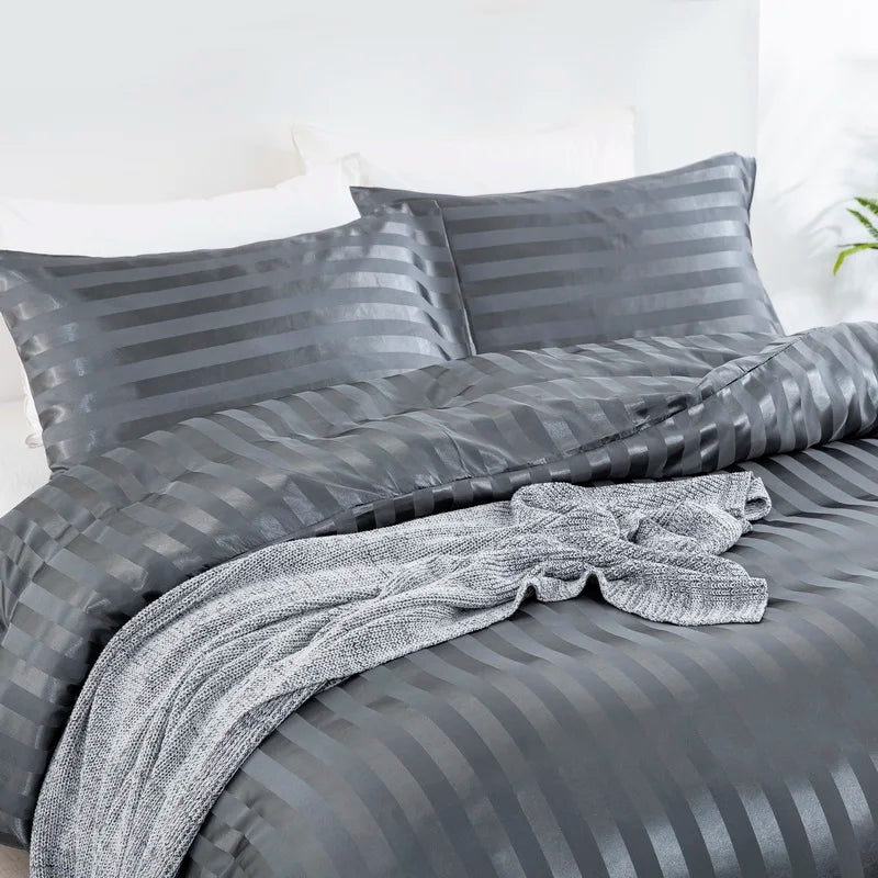 Luxury ivory white satin-striped duvet cover set by MC The Black Diamonds, silky smooth bedding for full, queen, king, or double beds.