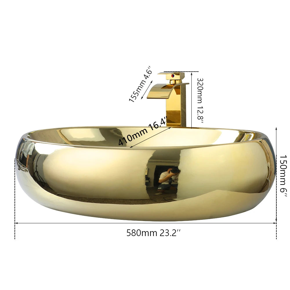 KEMAIDI luxury gold ceramic 23-inch oval bathroom vessel sink with waterfall faucet mixer, above counter design, by MC THE BLACK DIAMOND.