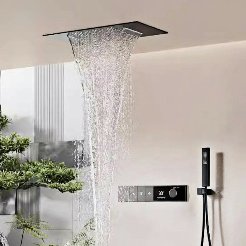 Luxury brass grey thermostic LED digital shower system with ceiling-embedded waterfall outlet and three spray modes.