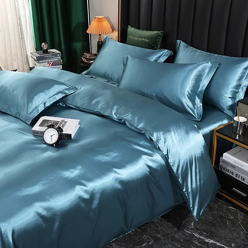 Luxurious silk bedding set with duvet cover, fitted sheet, flat sheet, and pillowcases in solid color from 𝕄𝕔 𝕋𝕙𝕖 𝔹𝕝𝕒𝕔𝕜 𝔻�