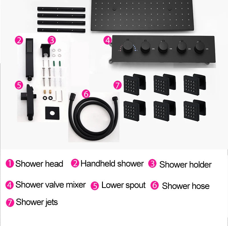 Luxury MC The Black Diamonds rainfall mist LED shower head set with side massage jets and temperature control for bath.