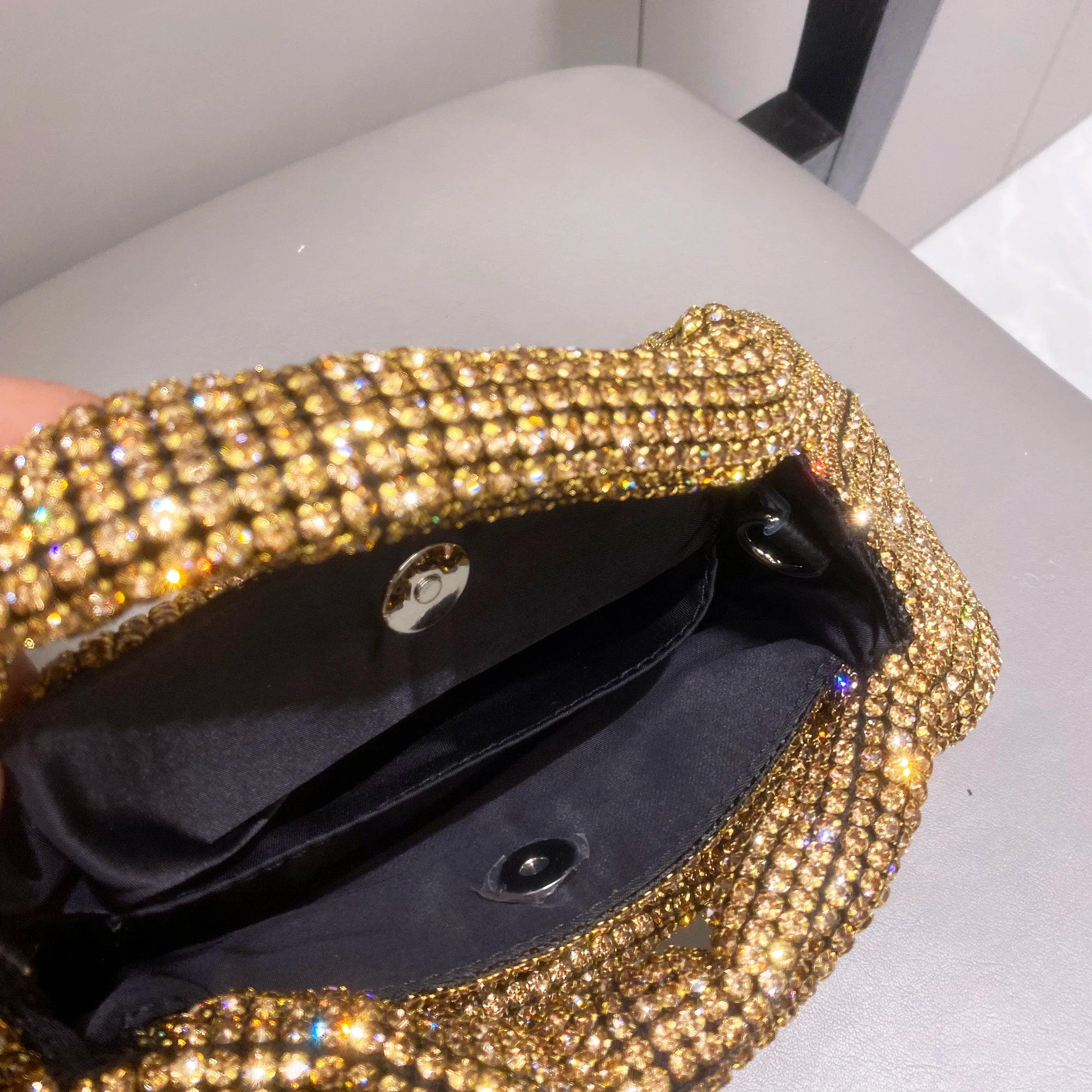 Shiny crystal clutch purse by MC THE BLACK DIAMOND, handmade evening shoulder bag with rhinestones, luxurious designer handbag.
