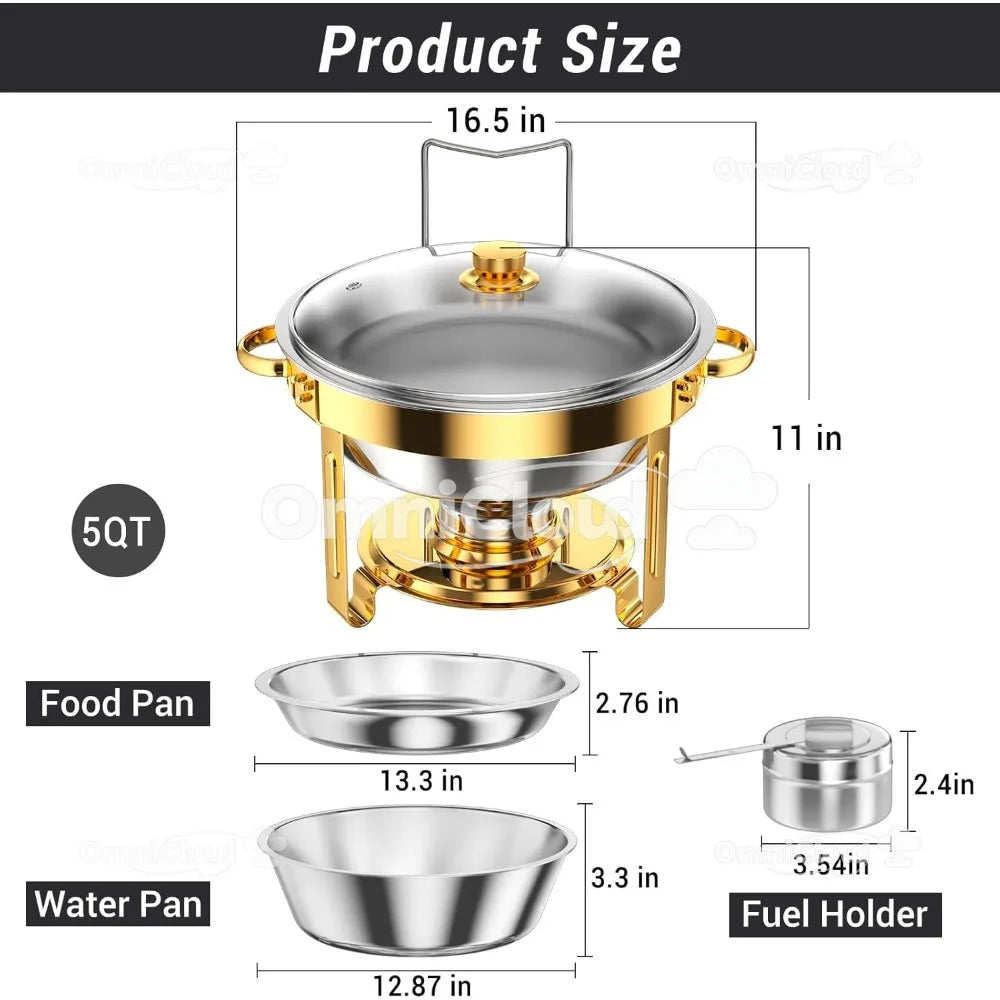 Round chafing dish set by MC THE BLACK DIAMOND with full-size pans and rolled-edge design for buffet food warming.