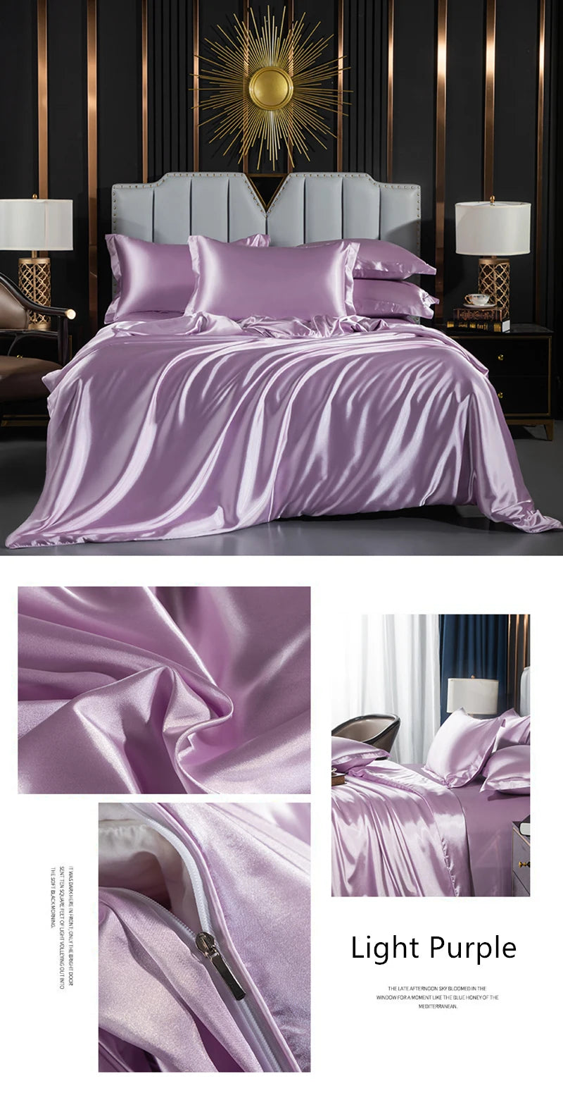 Luxurious solid silk bedding set with duvet cover, fitted sheet, pillowcases, in king and queen sizes, by 𝕄𝕔 𝕋𝕙𝕖 𝔹𝕝𝕒𝕔𝕜 𝔻