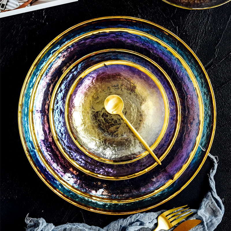 Thick rainbow glass dinner plate with gold inlay, featuring a salad, fruit, or cake on a luxurious tableware set by 𝕄𝕔 𝕋𝕙𝕖 𝔹𝕝𝕒𝕔𝕜