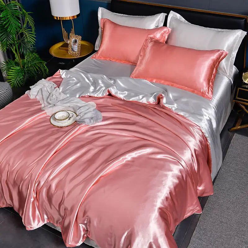Luxury Nordic satin silk bedding set by MC THE BLACK DIAMOND, including duvet cover, bed sheet, and pillowcases in solid design.
