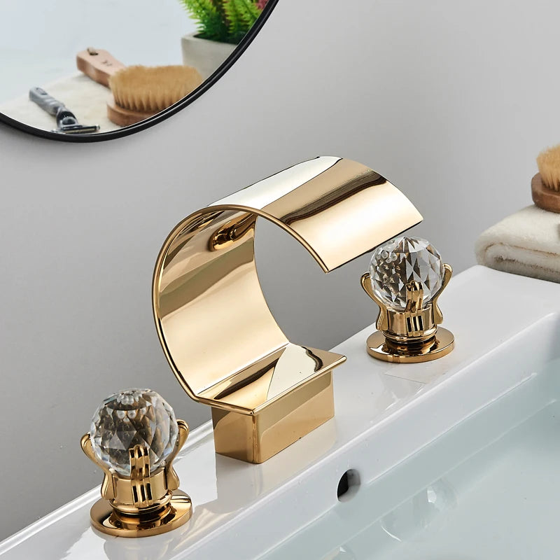 MC THE BLACK DIAMOND Shinesia luxury golden bathroom basin faucet with dual crystal handles, waterfall design for vessel sinks.