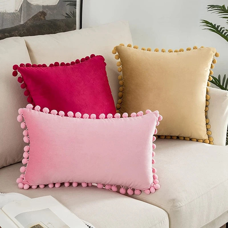 MC THE BLACK DIAMOND velvet throw pillow cover with pom-pom accents, large soft sofa cushion case for cozy home decor.