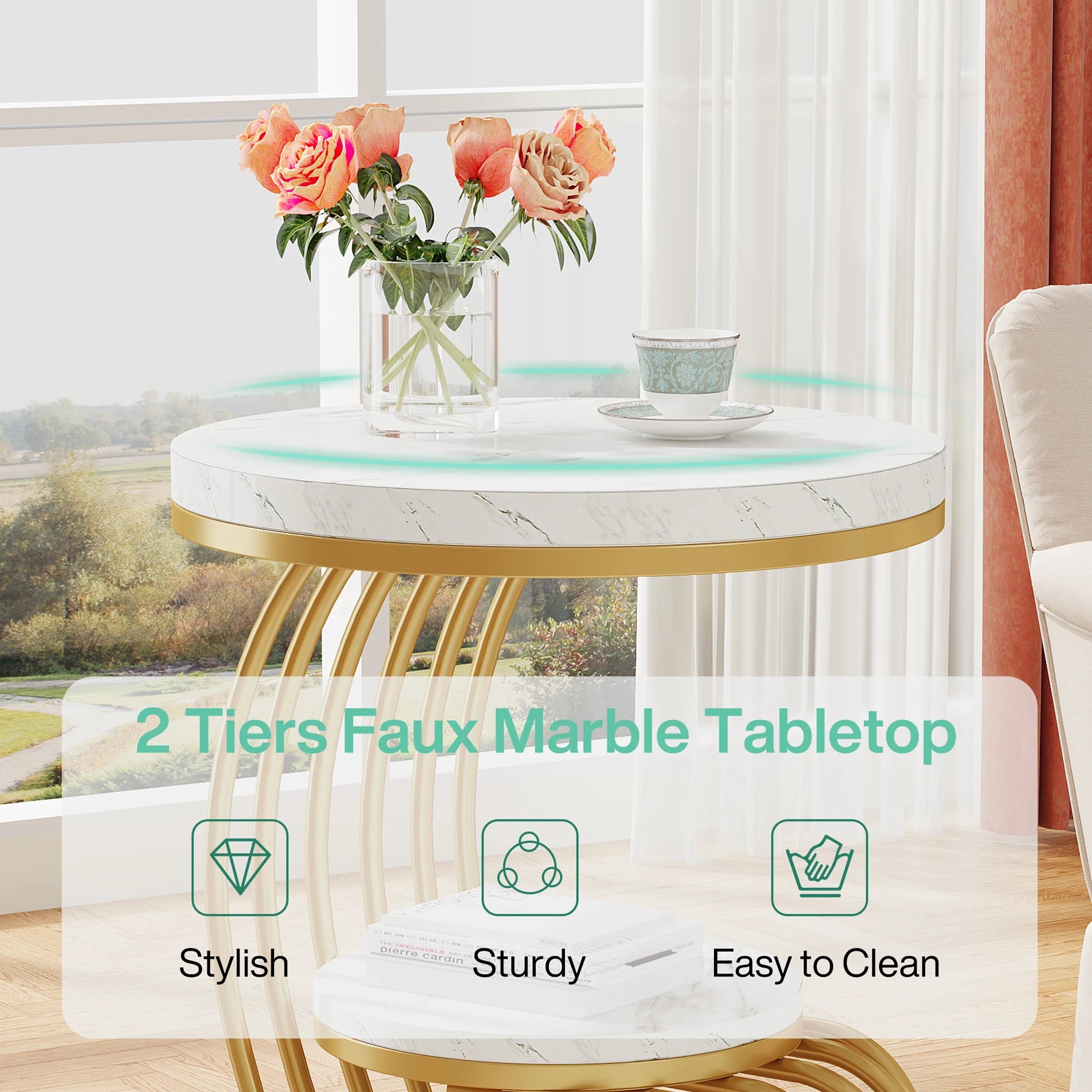 Modern gold round end table by MC The Black Diamond with two-tier faux marble surface and storage shelf for bedroom or living room.