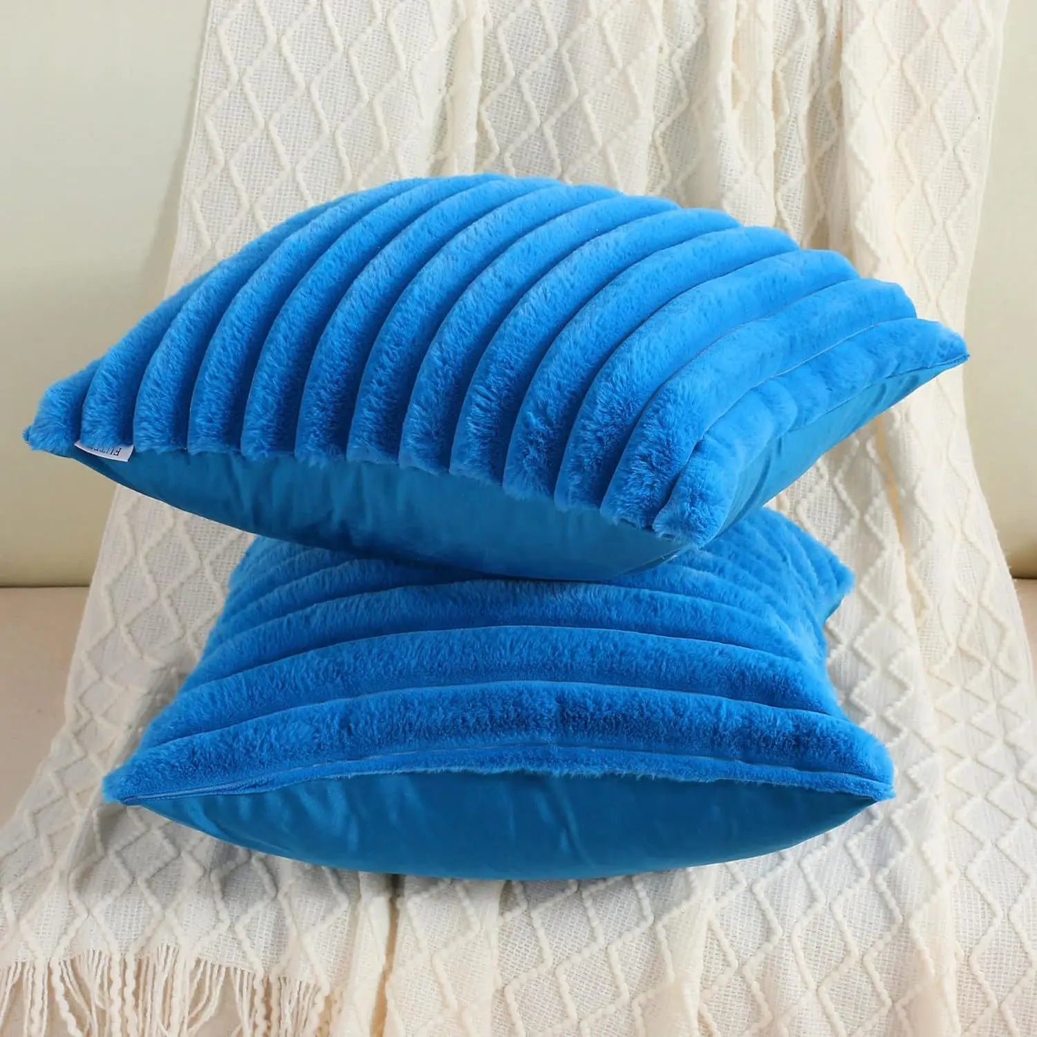 Soft faux rabbit fur square cushion cover by MC THE BLACK DIAMOND, 24x24 inch striped, solid color pillow for sofa decor.