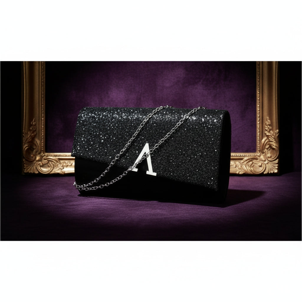 Metal chain glamorous evening handbag by MC The Black Diamonds featuring a sleek design and elegant black material.