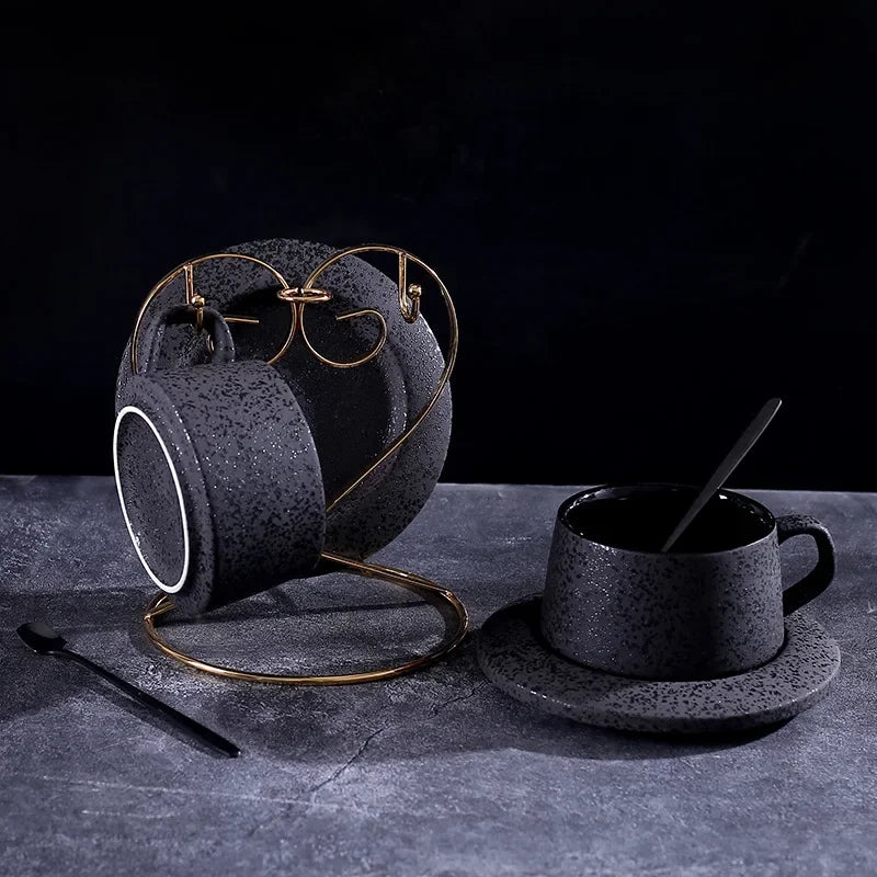 Frosted ceramic coffee cup and saucer set with black spoon and holder, kitchenware from 𝕄𝕮 𝕋𝕙𝕖 𝔹𝕝𝕒𝕔𝕜 𝔻𝕚�