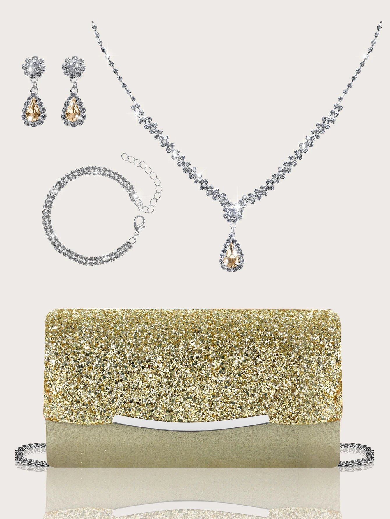 Elegant MC THE BLACK DIAMOND sequined women's hand bag with rhinestone jewelry set including necklace, earrings, and bracelet.