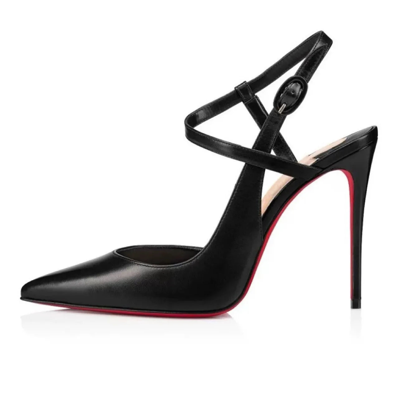 Black leather women’s pointed toe stiletto sandals with red soles and one strap, featuring high heels and a sleek, classic design.