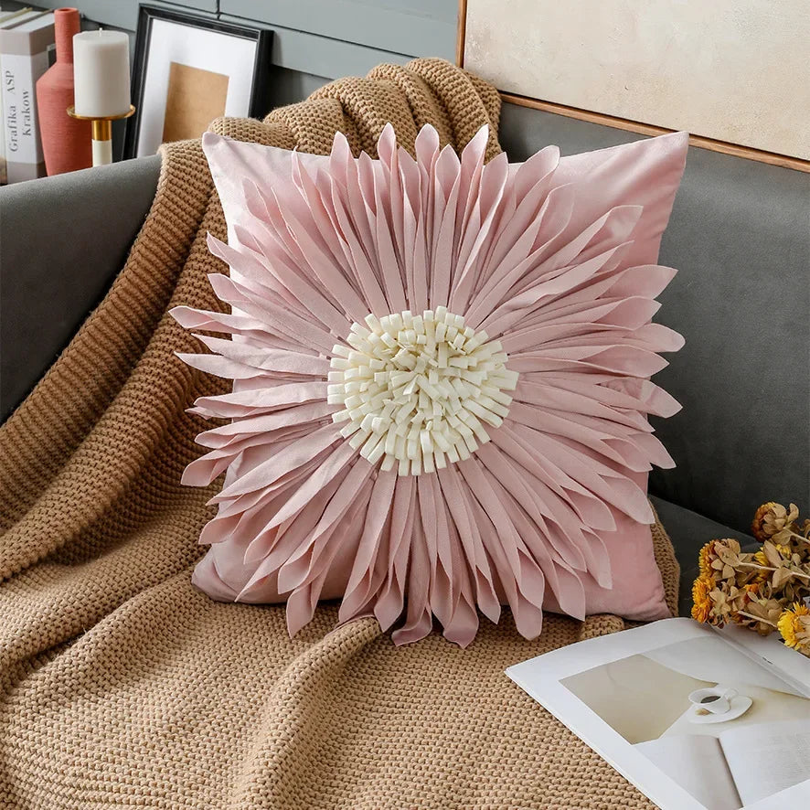 Pink and white velvet throw pillow with 3D chrysanthemum embroidery, 45x45cm, designed for home decor by MC THE BLACK DIAMOND