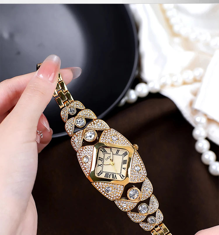 Women’s luxury bracelet watch by MC The Black Diamond with diamond inlays, elegant design, and a sleek watch face.