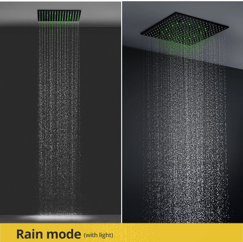 Luxury MC The Black Diamonds rainfall mist spray LED shower head set with side massage jets and a modern bath fixture.