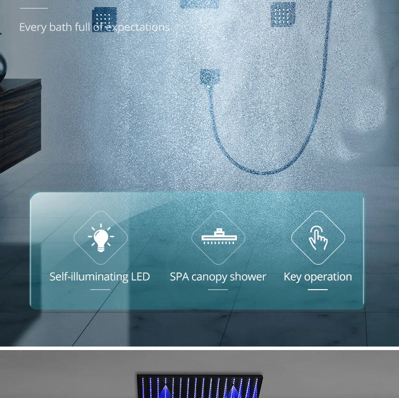 Luxury 16/20 inch rainfall mist spray LED shower head set with side massage jets and temperature control from 𝕄𝕔 𝕋𝕙𝕖 𝔹𝕝𝕒𝕔𝕜 𝔻�
