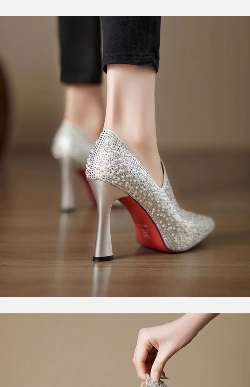 Rhinestone high heels shoes by Mohammad Collection featuring pointed toe, pearl accents, crystal embellishments, perfect for weddings