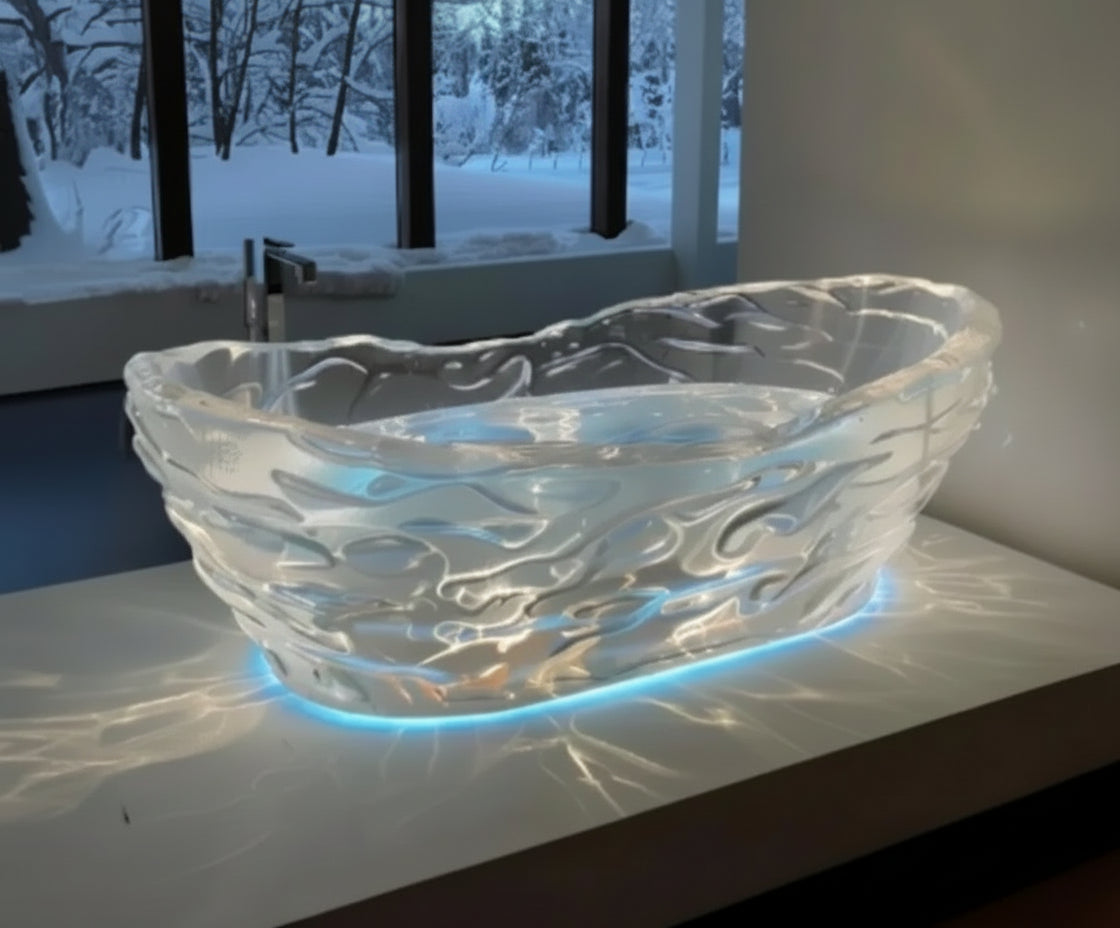 Transparent AI-inspired couple freestanding crystal resin bathtub by MC THE BLACK DIAMOND, showcasing sleek design and modern elegance.